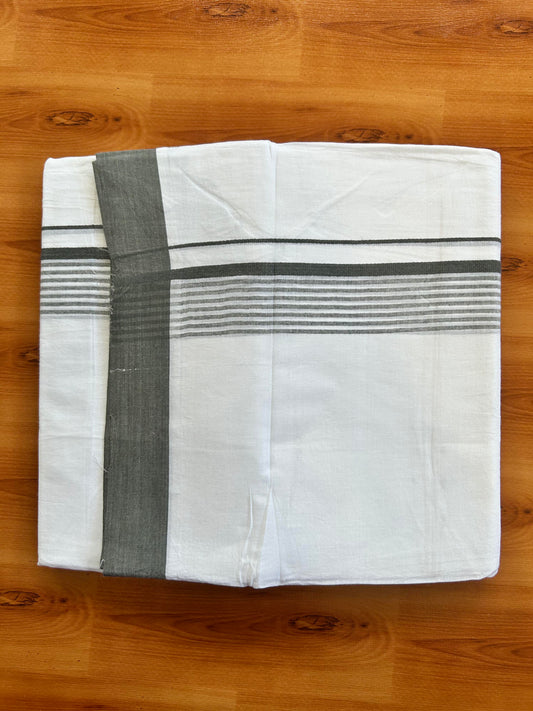 Pure White Double Mundu/Dhoti - 20% Discount ! Kaitharikada 100% Cotton - 100x80 - 1.5 inch Dark Grey Stripes Kara 3.80 mtr (8 muzham) - 97 KK5452THI
