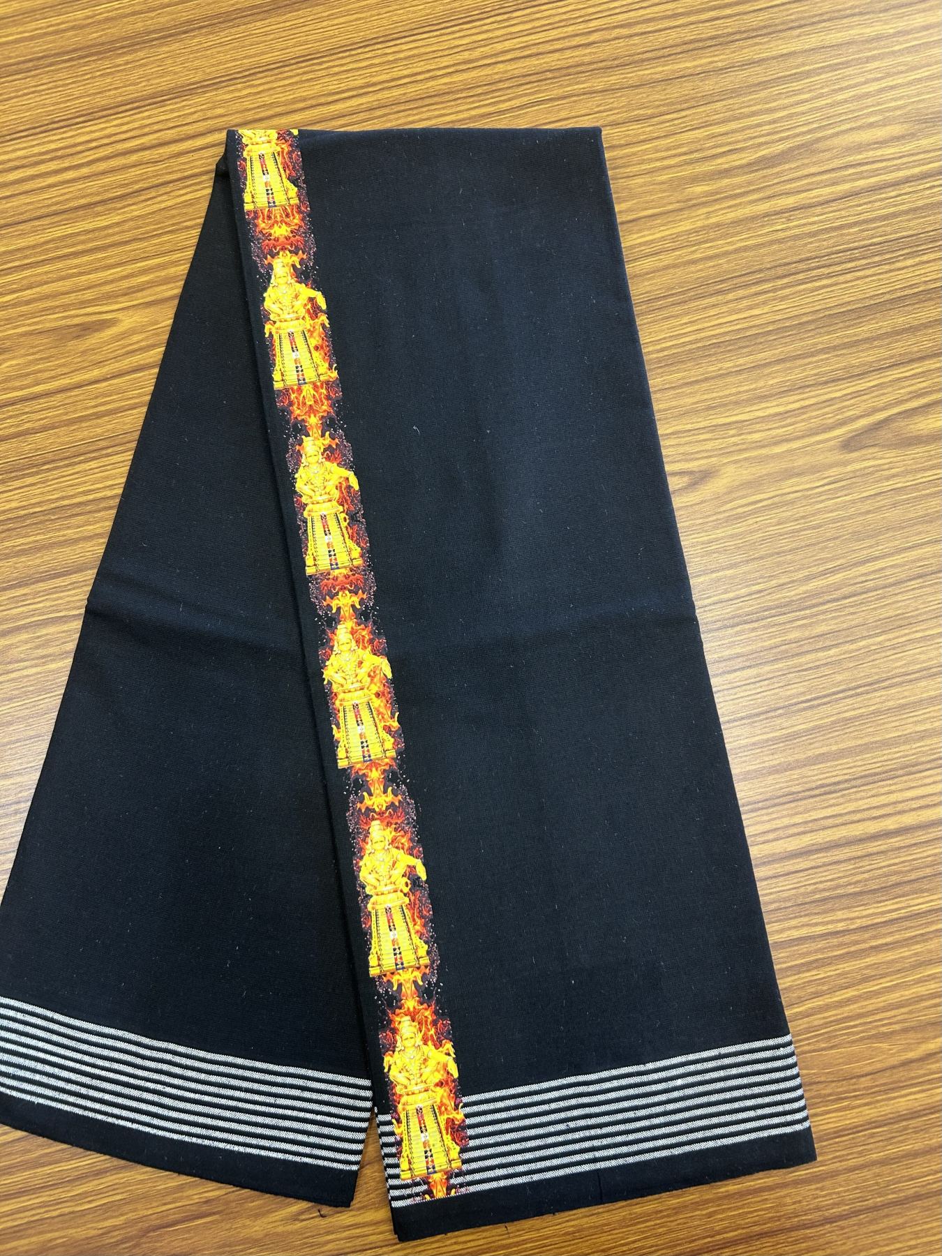 Kaitharikada - Polyster + Cotton - 40s twisted - Pure white Single Kaily / Lungi - 1.5 inch Ayyappan Printed Striped Border with Black colour body (2 meter / 4 muzham) -  19 KK8041 GAN