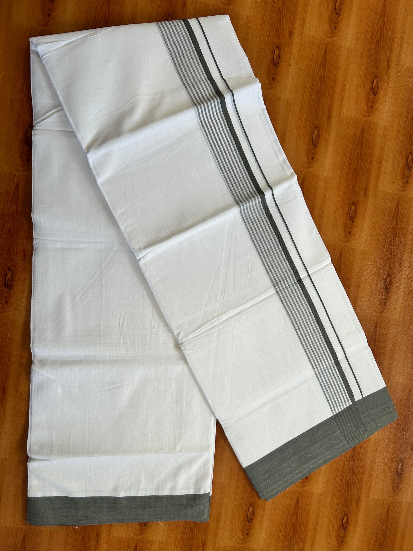 Pure White Double Mundu/Dhoti - 20% Discount ! Kaitharikada 100% Cotton - 100x80 - 1.5 inch Dark Grey Stripes Kara 3.80 mtr (8 muzham) - 97 KK5452THI