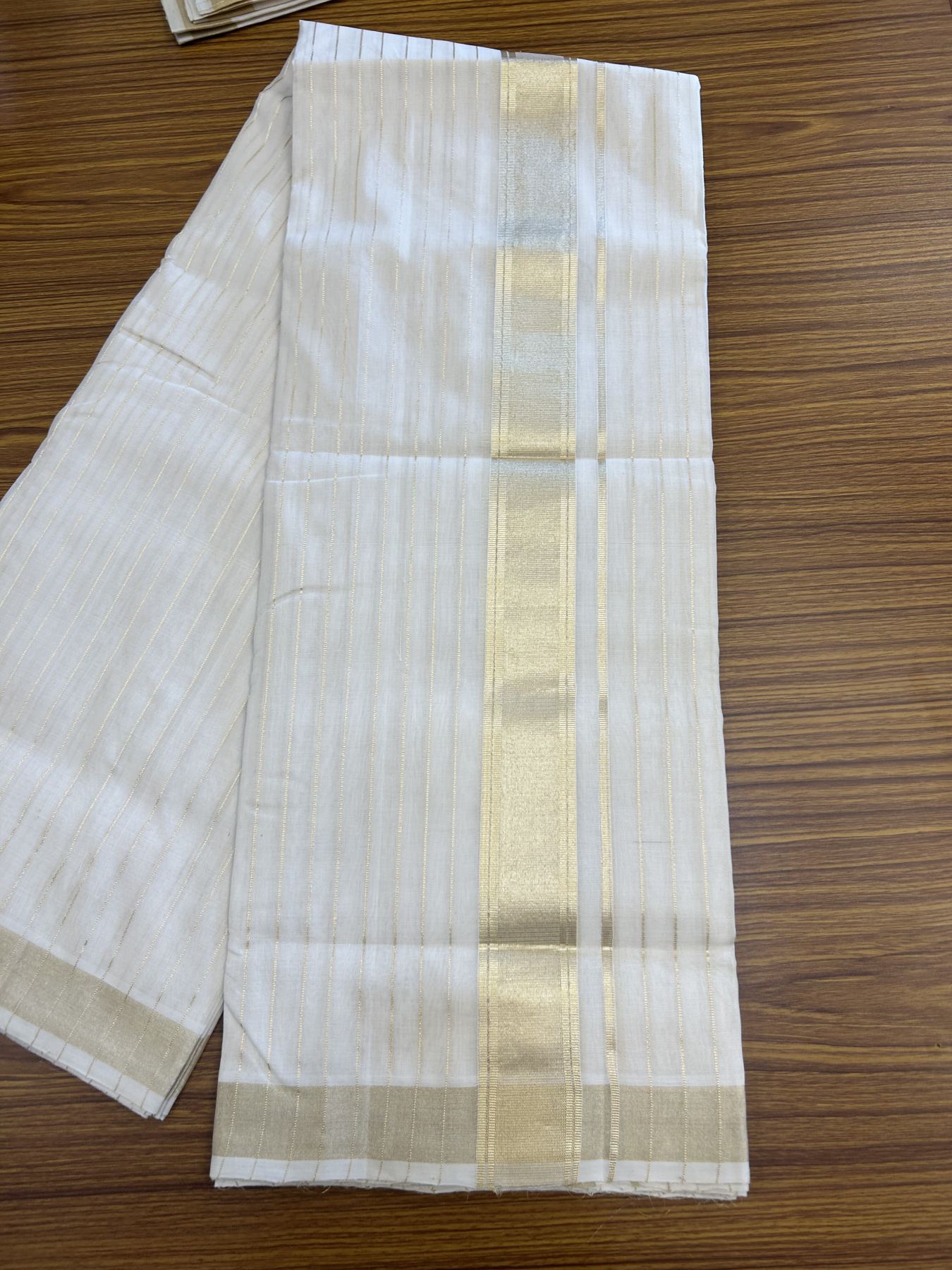 25% Discount ! KaithariKada Handloom Unakkupaav  Kerala Handloom - Pure Cotton Off White - (Unbleached) Double Mundu/Dhoti - (100X80) - 1.75 inch Light Kasav Full Body Striped  Kara - 4 mtr (8.5 Muzham) -  8 KK5342 ABH