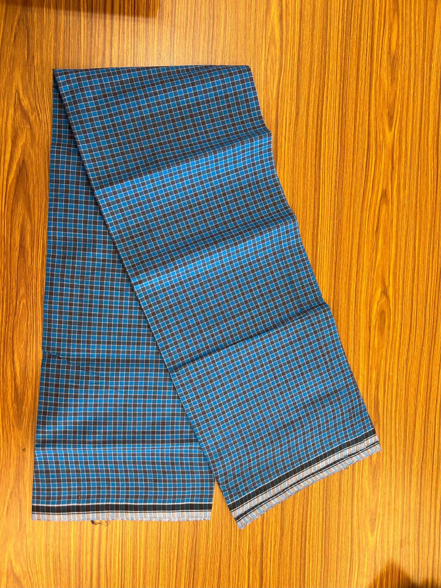 Premium Kathar Type Mund Pure cotton - Kaitharikada - Single Kaily / Lungi - 0.5 inch Black Border with Blue & Ash Black Check body (2.50 meter / 5.36 muzham) - 1 KK8050 MUT