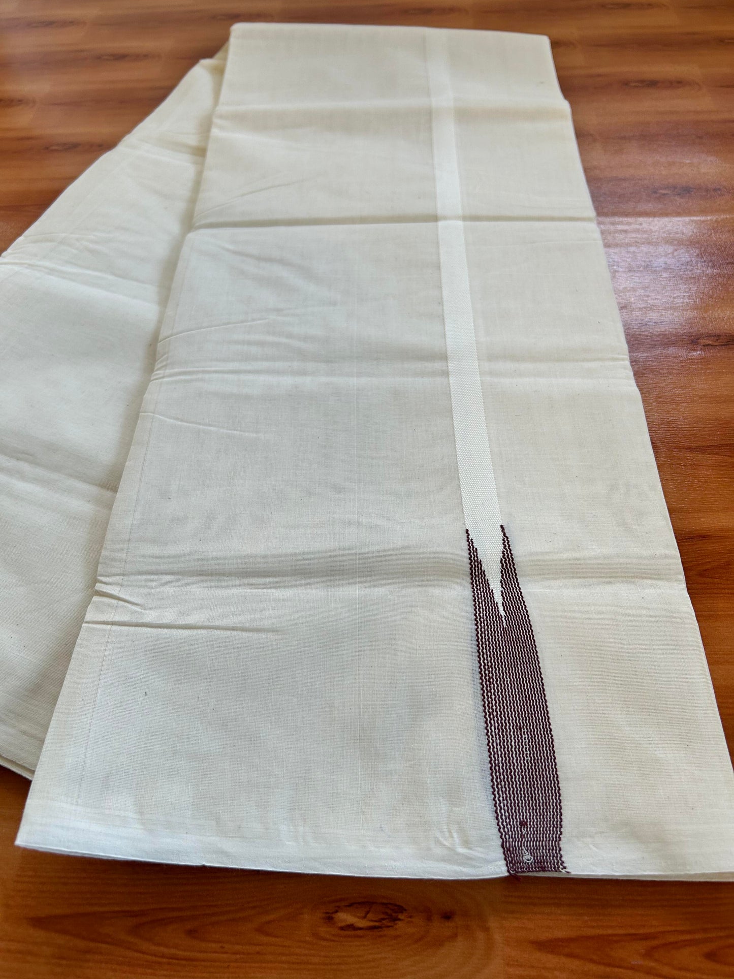 Double Off white Mundu/Dhoti - 23% Discount! KaithariKada Balaramapuram 100% Cotton - 100x100 - 0.5 inch Puliyilakkara Brown Striped Chutty Kara - 4 mtr (8.5 muzham) - 20 KK5401 ASH