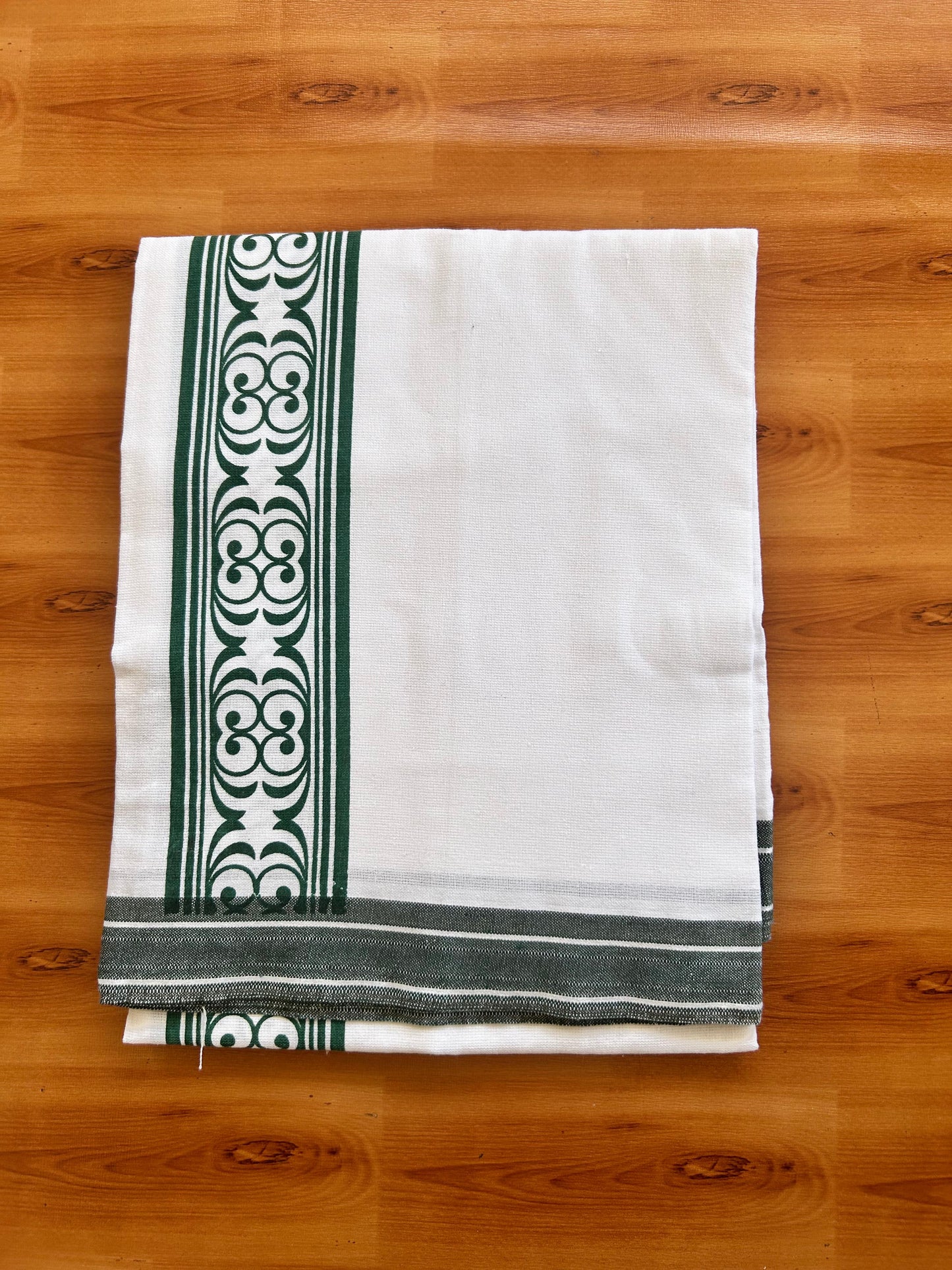 Kaitharikada - Single Kaily / Lungi - Mixed Cotton - 40s twisted - 2.5 inch Dark Green Printed kara with White colour body (2 meter / 4 muzham) - 4 KK8074 SAT