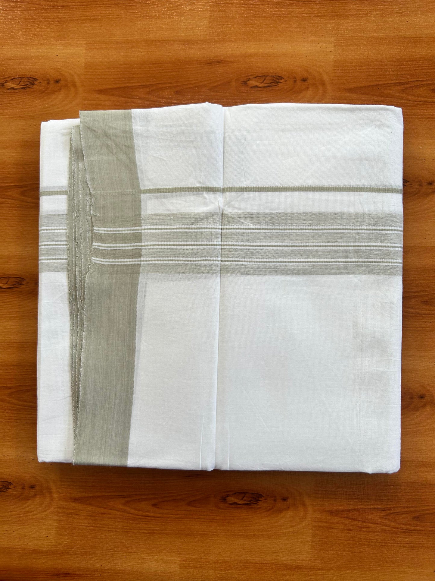Pure White Double Mundu/Dhoti - 20% Discount ! Kaitharikada Balaramapuram Pure Cotton - 100x80 - 1.25 inch Light Grey Shaded Stripes Kara 3.80 mtr (8 muzham) - 108 KK5452 THI