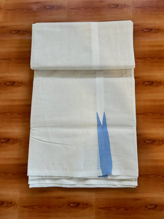 Double Off white Mundu/Dhoti - 23% Discount! KaithariKada Balaramapuram 100% Cotton - 100x100 - 0.5 inch Puliyilakkara Sky Blue Striped Chutty Kara - 4 mtr (8.5 muzham) - 17 KK5401 ASH