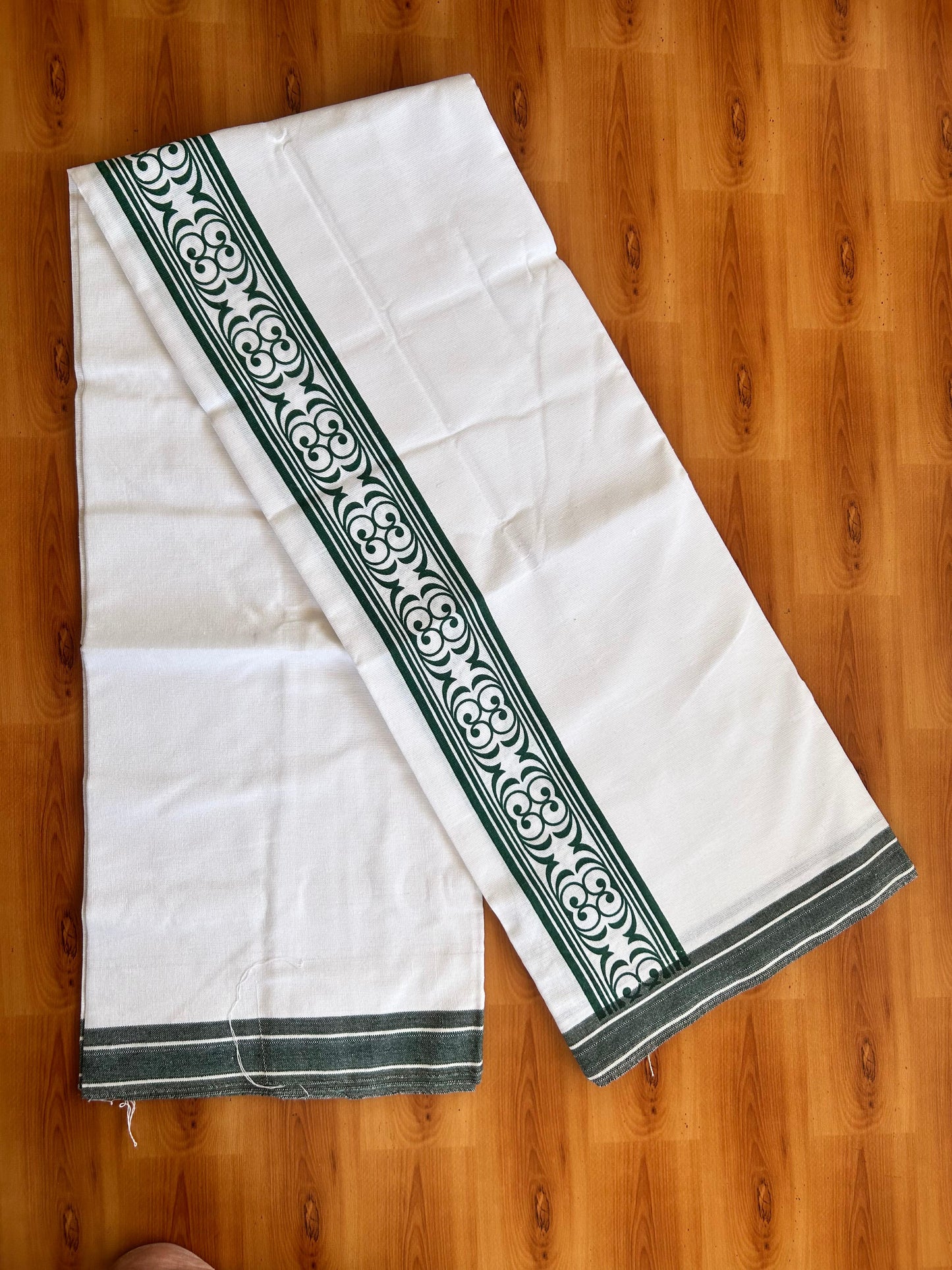 Kaitharikada - Single Kaily / Lungi - Mixed Cotton - 40s twisted - 2.5 inch Dark Green Printed kara with White colour body (2 meter / 4 muzham) - 4 KK8074 SAT