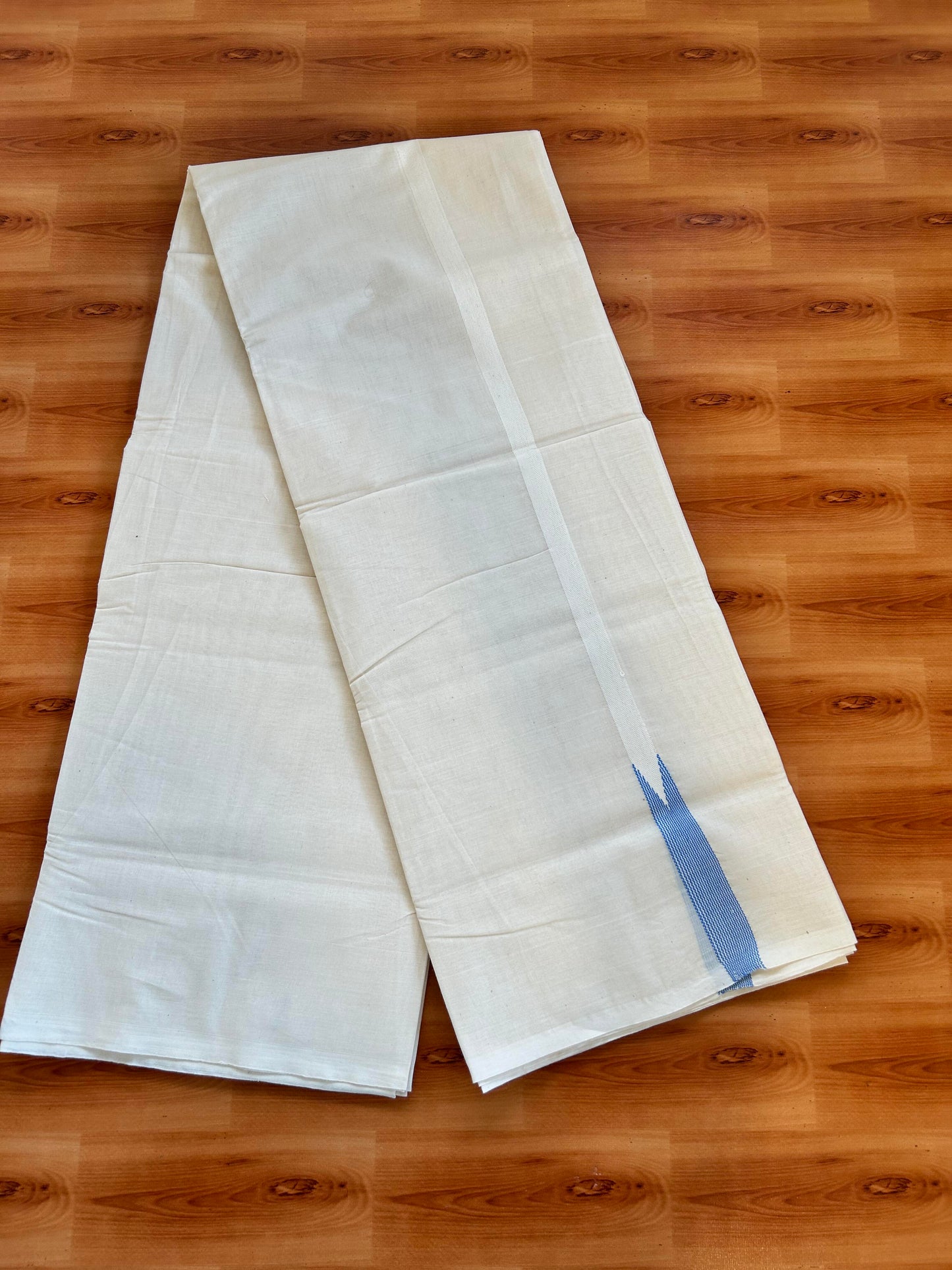 Double Off white Mundu/Dhoti - 23% Discount! KaithariKada Balaramapuram 100% Cotton - 100x100 - 0.5 inch Puliyilakkara Sky Blue Striped Chutty Kara - 4 mtr (8.5 muzham) - 17 KK5401 ASH