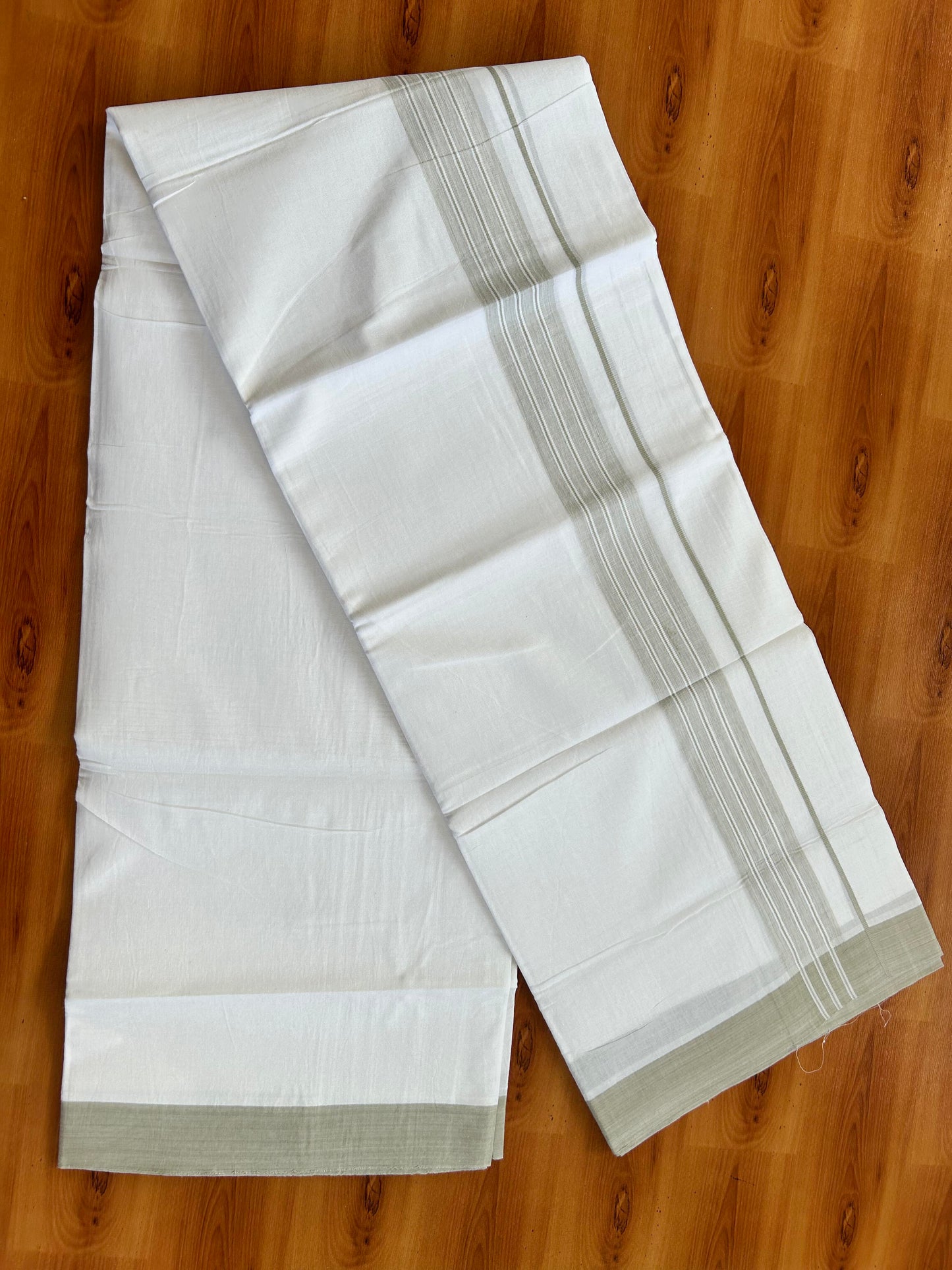 Pure White Double Mundu/Dhoti - 20% Discount ! Kaitharikada Balaramapuram Pure Cotton - 100x80 - 1.25 inch Light Grey Shaded Stripes Kara 3.80 mtr (8 muzham) - 108 KK5452 THI