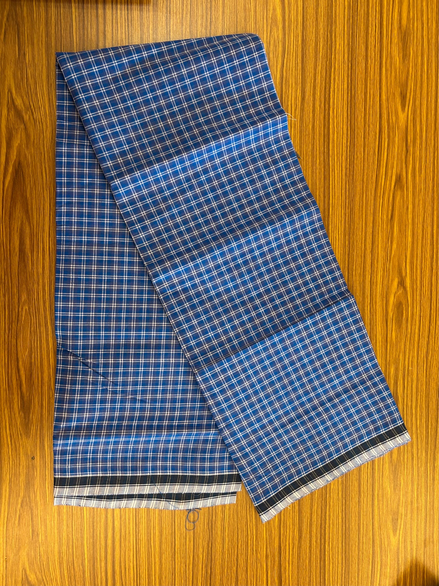 Premium Kathar Type Mund Pure cotton - Kaitharikada - Single Kaily / Lungi - 0.5 inch Black Border with Blue & Ash  Blue Check body (2.50 meter / 5.36 muzham) - 2 KK8050 MUT