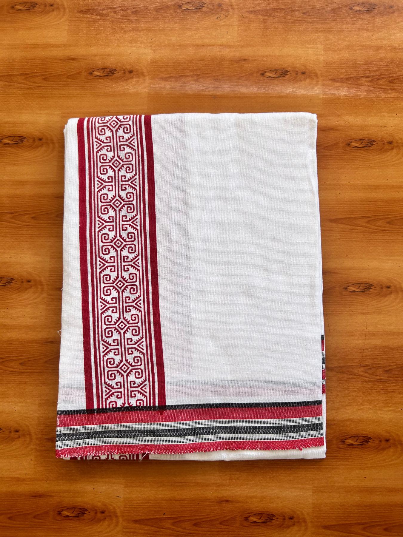 Kaitharikada - Single Kaily / Lungi - Mixed Cotton - 40s twisted - 2.5 inch Red Printed kara with White colour body (2 meter / 4 muzham) - 19 KK8074 SAT