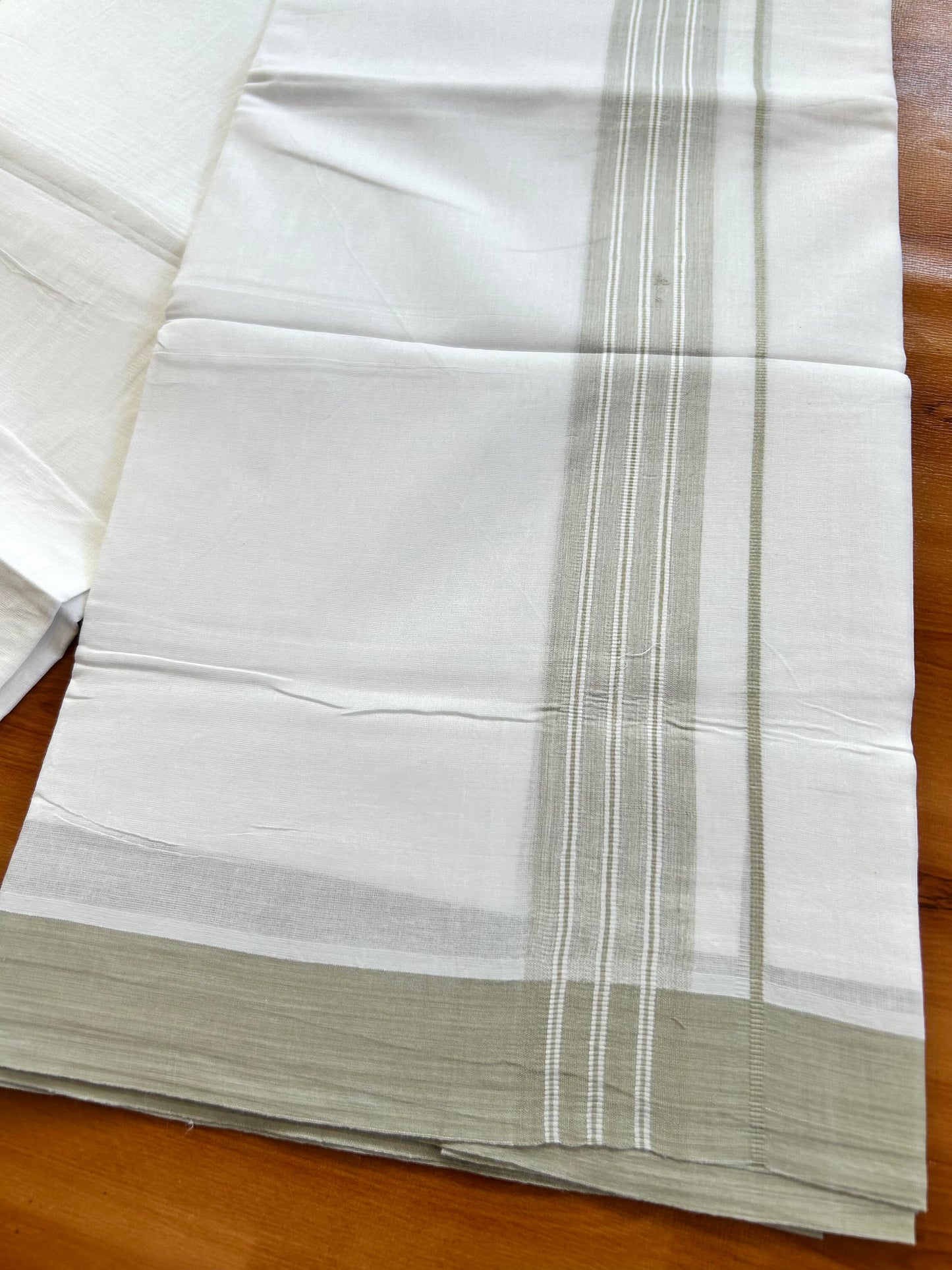 Pure White Double Mundu/Dhoti - 20% Discount ! Kaitharikada Balaramapuram Pure Cotton - 100x80 - 1.25 inch Light Grey Shaded Stripes Kara 3.80 mtr (8 muzham) - 108 KK5452 THI