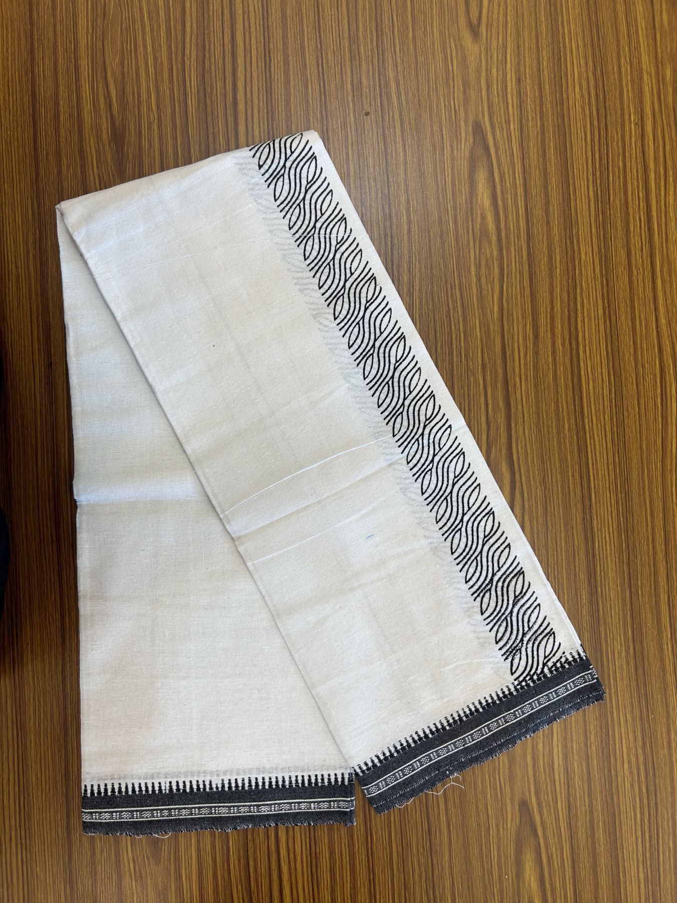 Kaitharikada - Polyster + Cotton - 40s twisted - Pure white Single Kaily / Lungi - 2 inch Black Printed Kuppadam Border with White colour body (2 meter / 4 muzham) -  1 KK8041 GAN
