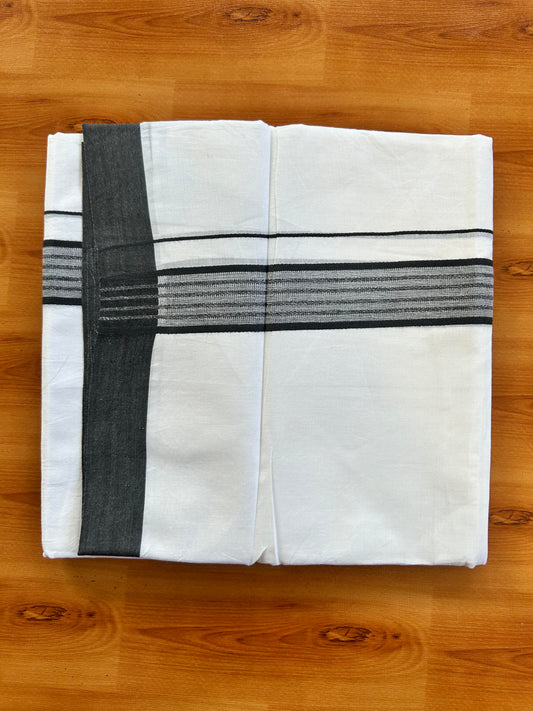 Pure White Double Mundu/Dhoti - 20% Discount ! Kaitharikada 100% Cotton - 100x80 - 1.25 inch Black Shaded Stripes Kara 3.80 mtr (8 muzham) - 106 KK5452 THI