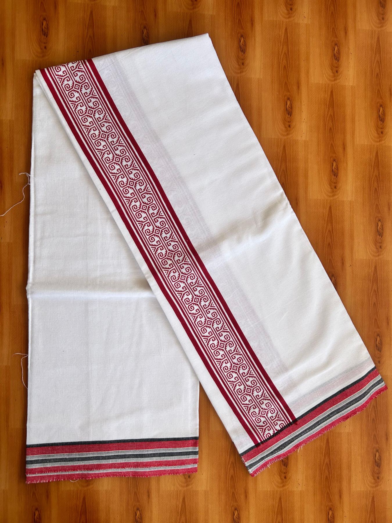 Kaitharikada - Single Kaily / Lungi - Mixed Cotton - 40s twisted - 2.5 inch Red Printed kara with White colour body (2 meter / 4 muzham) - 19 KK8074 SAT