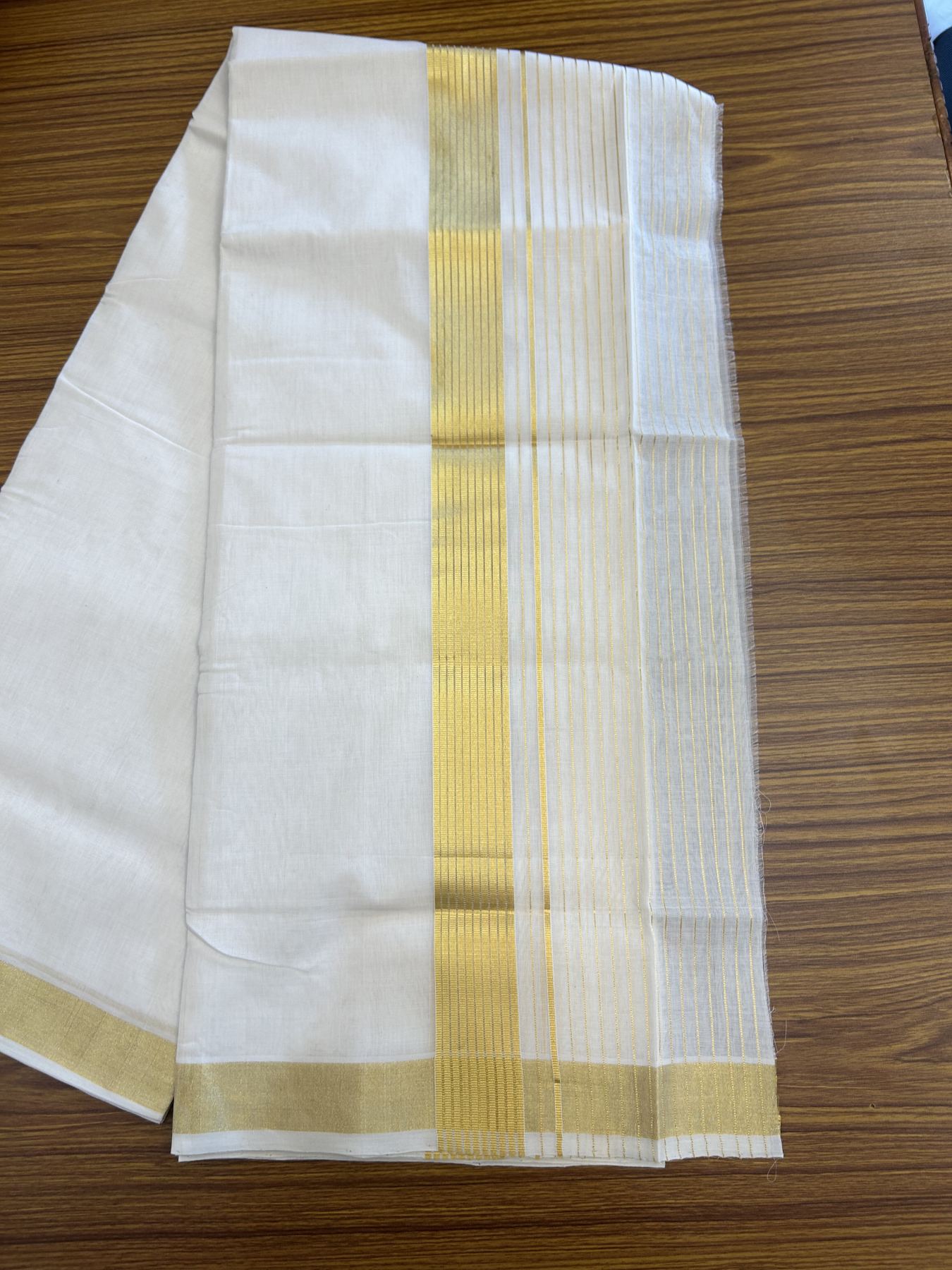 25% Discount ! KaithariKada Handloom Unakkupaav  - Kerala Handloom - Pure Cotton Off White - (Unbleached) Double Mundu/Dhoti - (100X80) - 7 inch Gold Kasav Side Striped  Kara - 4 mtr (8.5 Muzham)- 9 KK5342 ABH