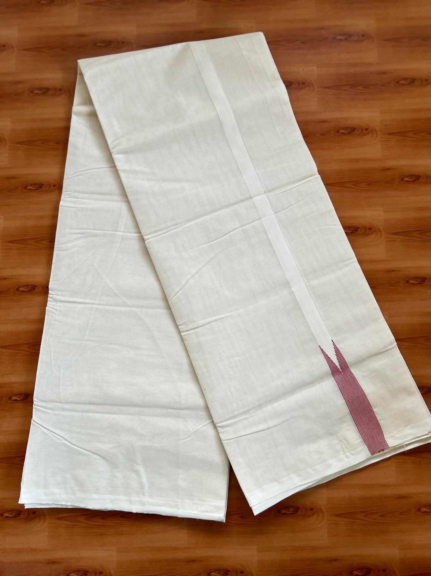Double Off white Mundu/Dhoti - 23% Discount! KaithariKada Balaramapuram 100% Cotton - 100x100 - 0.5 inch Puliyilakkara Red Orange Striped Chutty Kara - 4 mtr (8.5 muzham) - 18 KK5401 ASH