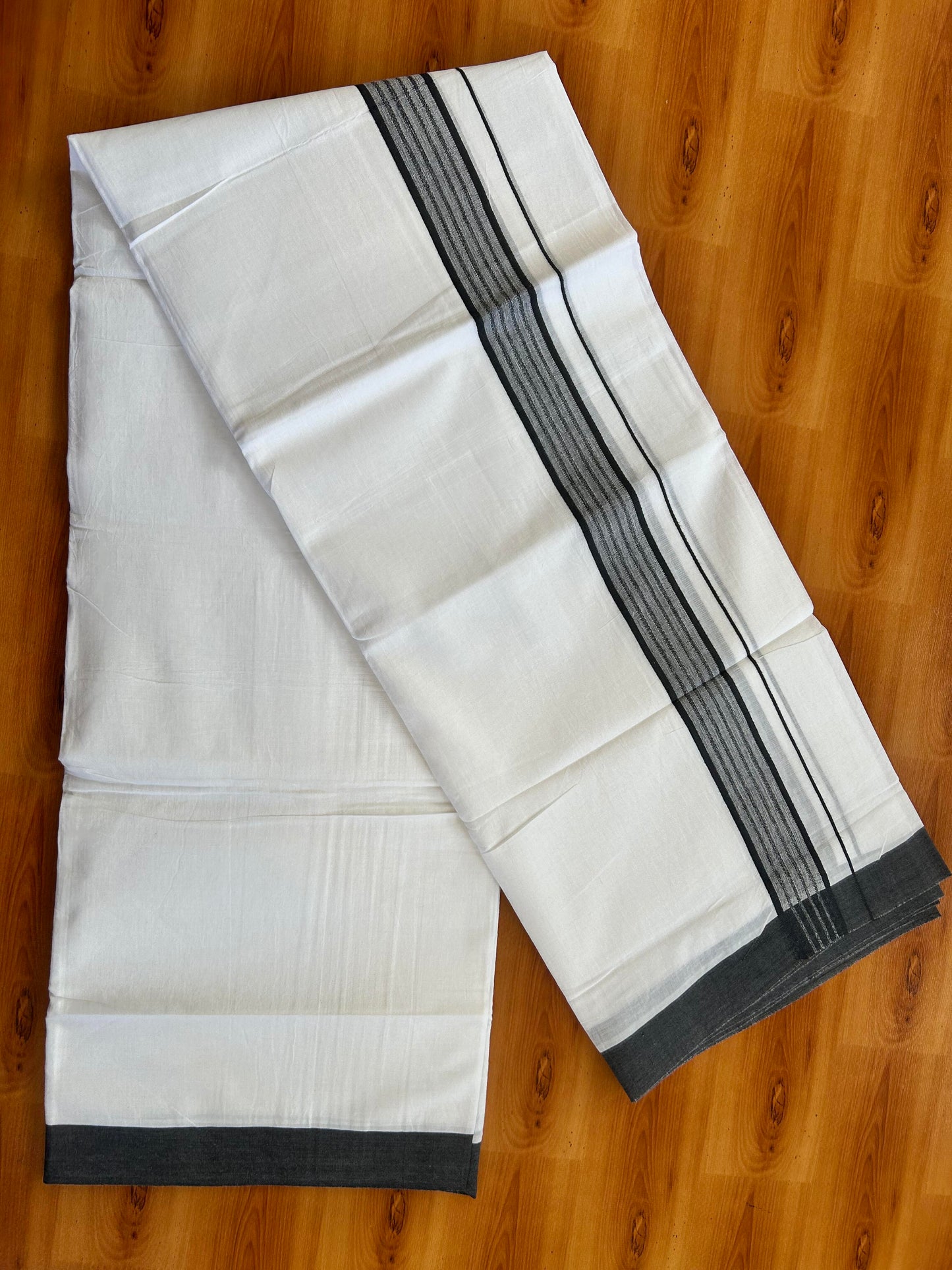 Pure White Double Mundu/Dhoti - 20% Discount ! Kaitharikada Balaramapuram 100% Cotton - 100x80 - 1.25 inch Black Shaded Stripes Kara 3.80 mtr (8 muzham) - 106 KK5452 THI