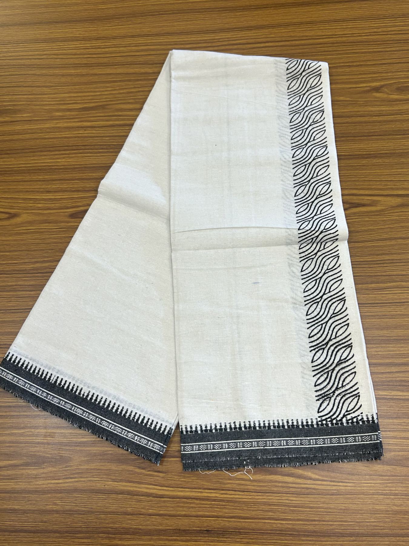 Kaitharikada - Polyster + Cotton - 40s twisted - Pure white Single Kaily / Lungi - 2 inch Black Printed Kuppadam Border with White colour body (2 meter / 4 muzham) -  1 KK8041 GAN