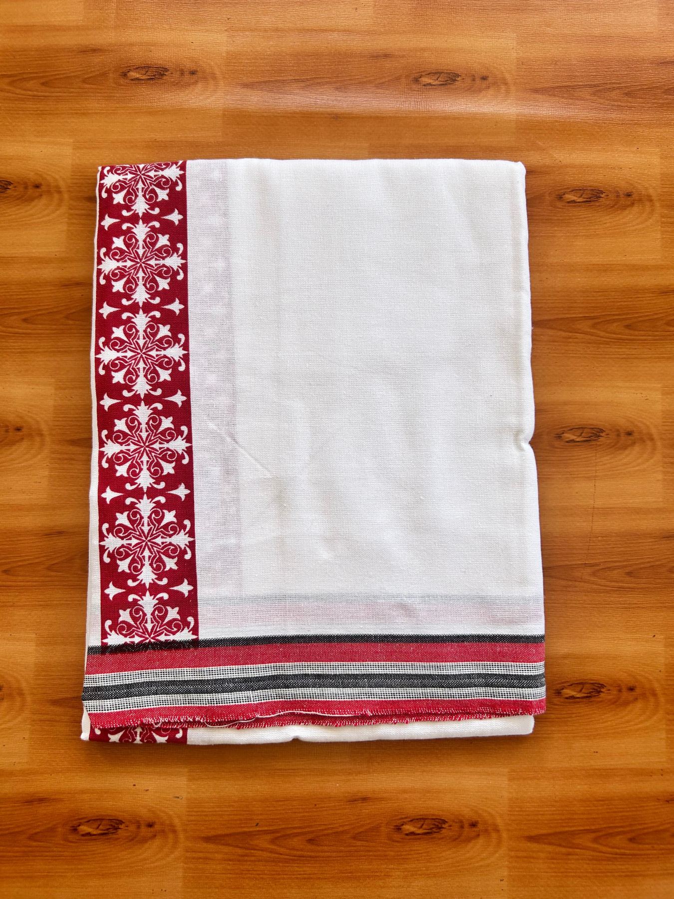 Kaitharikada - Single Kaily / Lungi - Mixed Cotton - 40s twisted - 2.5 inch Red Printed kara with White colour body (2 meter / 4 muzham) - 18 KK8074 SAT