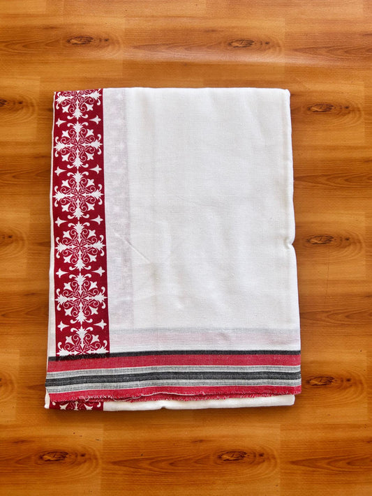 Kaitharikada - Single Kaily / Lungi - Mixed Cotton - 40s twisted - 2.5 inch Red Printed kara with White colour body (2 meter / 4 muzham) - 18 KK8074 SAT
