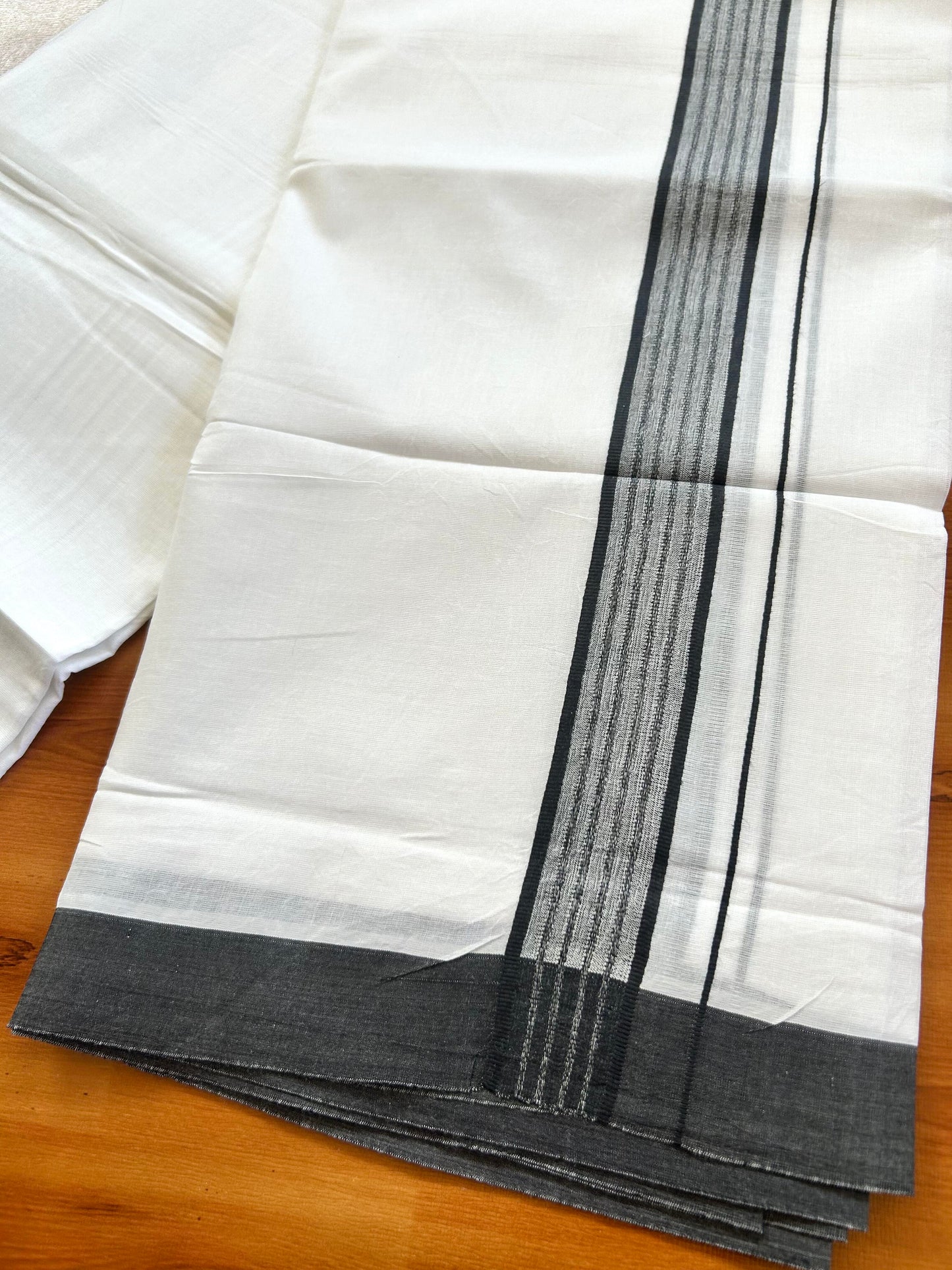 Pure White Double Mundu/Dhoti - 20% Discount ! Kaitharikada Balaramapuram 100% Cotton - 100x80 - 1.25 inch Black Shaded Stripes Kara 3.80 mtr (8 muzham) - 106 KK5452 THI