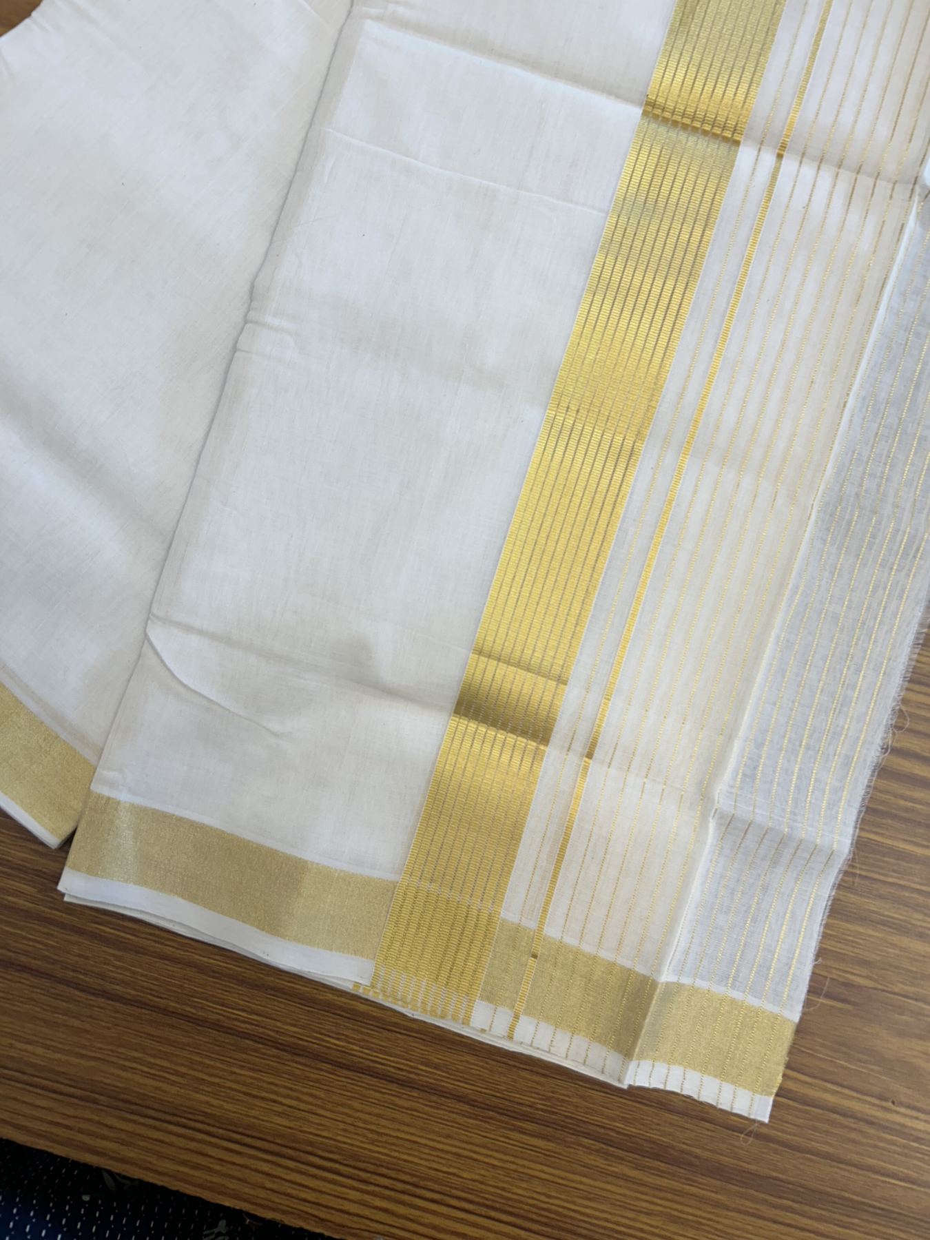 25% Discount ! KaithariKada Handloom Unakkupaav  - Kerala Handloom - Pure Cotton Off White - (Unbleached) Double Mundu/Dhoti - (100X80) - 7 inch Gold Kasav Side Striped  Kara - 4 mtr (8.5 Muzham)- 9 KK5342 ABH