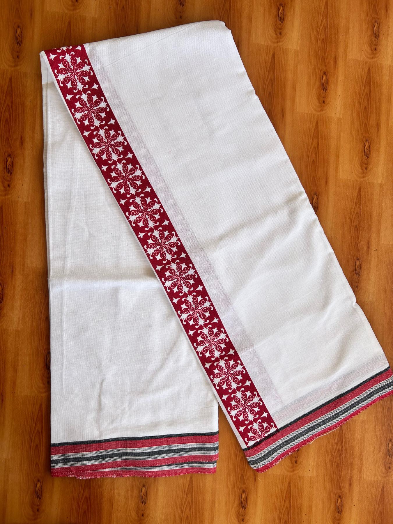 Kaitharikada - Single Kaily / Lungi - Mixed Cotton - 40s twisted - 2.5 inch Red Printed kara with White colour body (2 meter / 4 muzham) - 18 KK8074 SAT