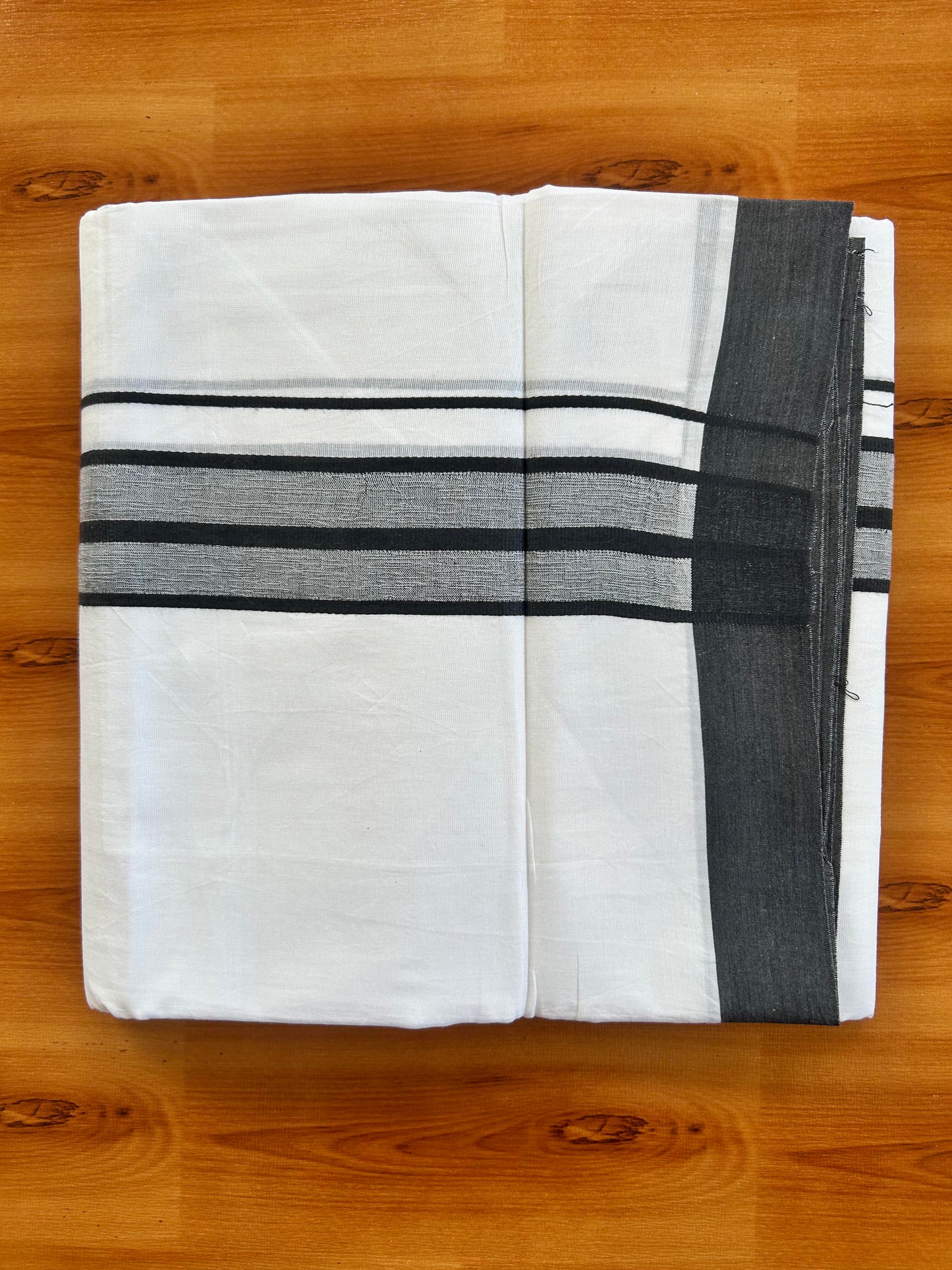 Pure White Double Mundu/Dhoti - 20% Discount ! Kaitharikada Balaramapuram 100% Cotton - 100x80 - 1.5 inch Black Shaded Stripes Kara 3.80 mtr (8 muzham) - 107 KK5452 THI