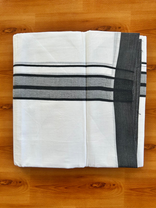 Pure White Double Mundu/Dhoti - 20% Discount ! Kaitharikada  100% Cotton - 100x80 - 1.5 inch Black Shaded Stripes Kara 3.80 mtr (8 muzham) - 107 KK5452 THI