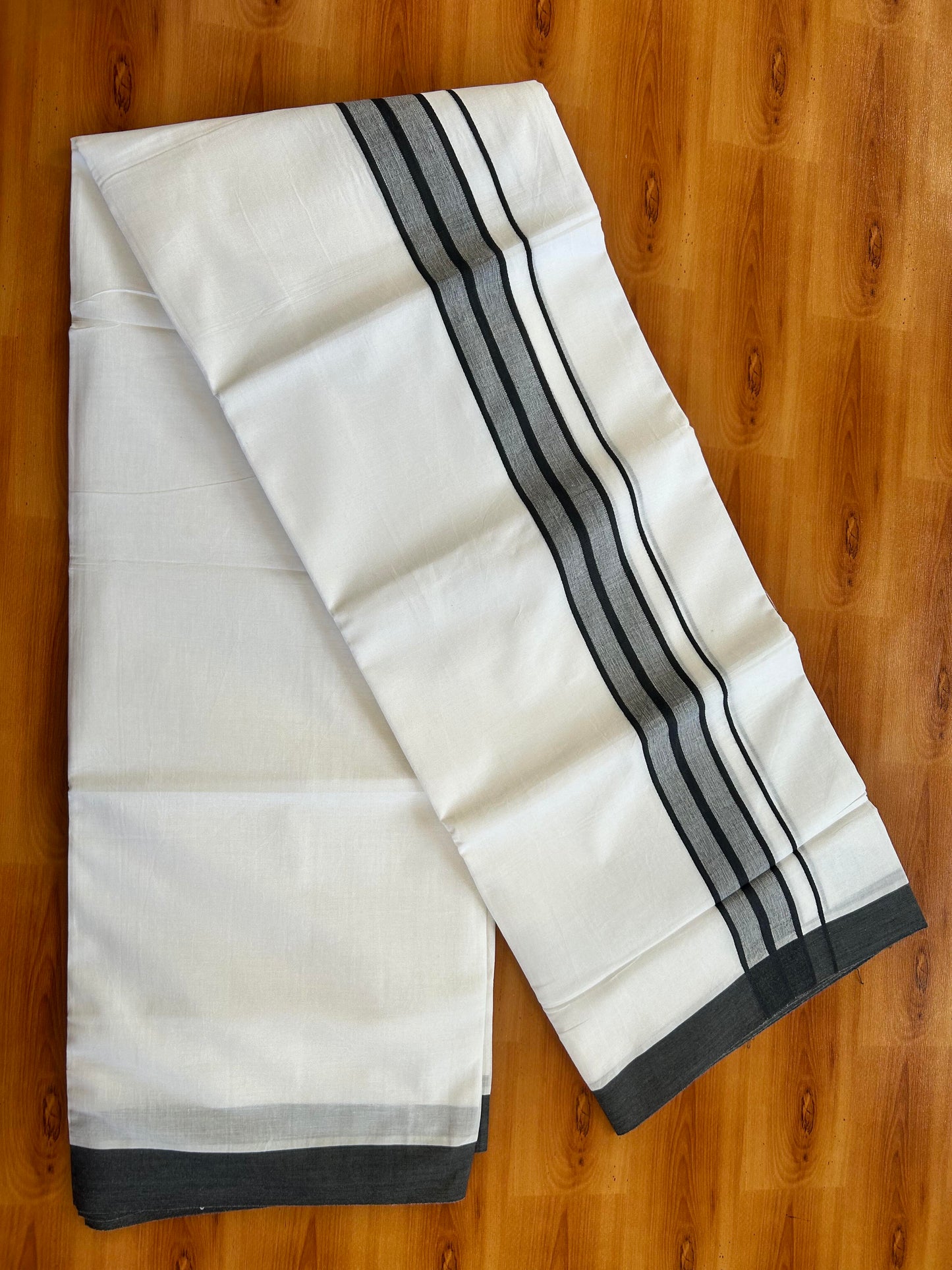 Pure White Double Mundu/Dhoti - 20% Discount ! Kaitharikada Balaramapuram 100% Cotton - 100x80 - 1.5 inch Black Shaded Stripes Kara 3.80 mtr (8 muzham) - 107 KK5452 THI