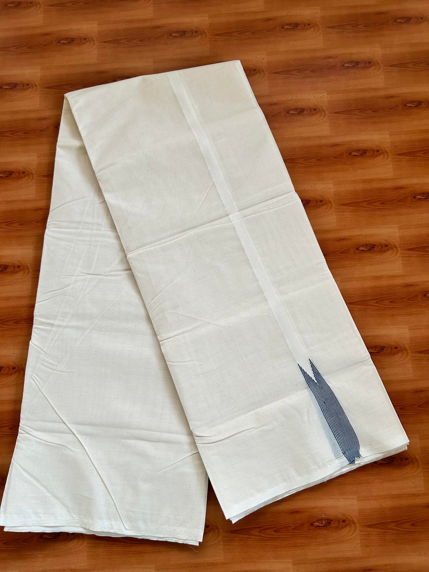 Double Off white Mundu/Dhoti - 23% Discount! KaithariKada Balaramapuram 100% Cotton - 100x100 - 0.5 inch Puliyilakkara Peacock Blue Striped Chutty Kara - 4 mtr (8.5 muzham) - 21 KK5401 ASH