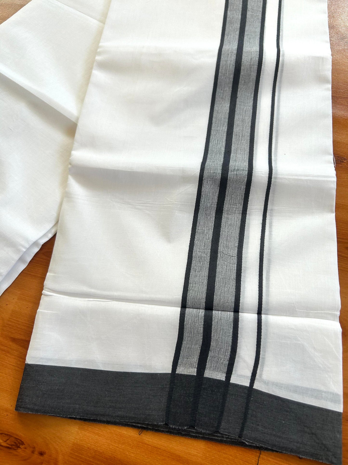 Pure White Double Mundu/Dhoti - 20% Discount ! Kaitharikada Balaramapuram 100% Cotton - 100x80 - 1.5 inch Black Shaded Stripes Kara 3.80 mtr (8 muzham) - 107 KK5452 THI