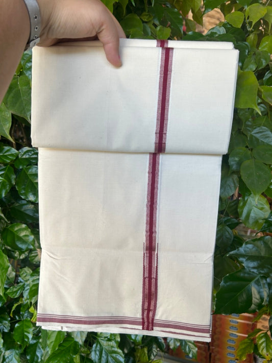 20% Discount!! KaithariKada Balaramapuram 100% COTTON SINGLE OFF WHITE - (Unbleached) Mundu/Dhoti - 100X100 - 0.75 inch Puliyilakkara Maroon & Silver Kasavu Striped Chutty Kara(2 meter / 4 muzham) - 3KK5228 ASH