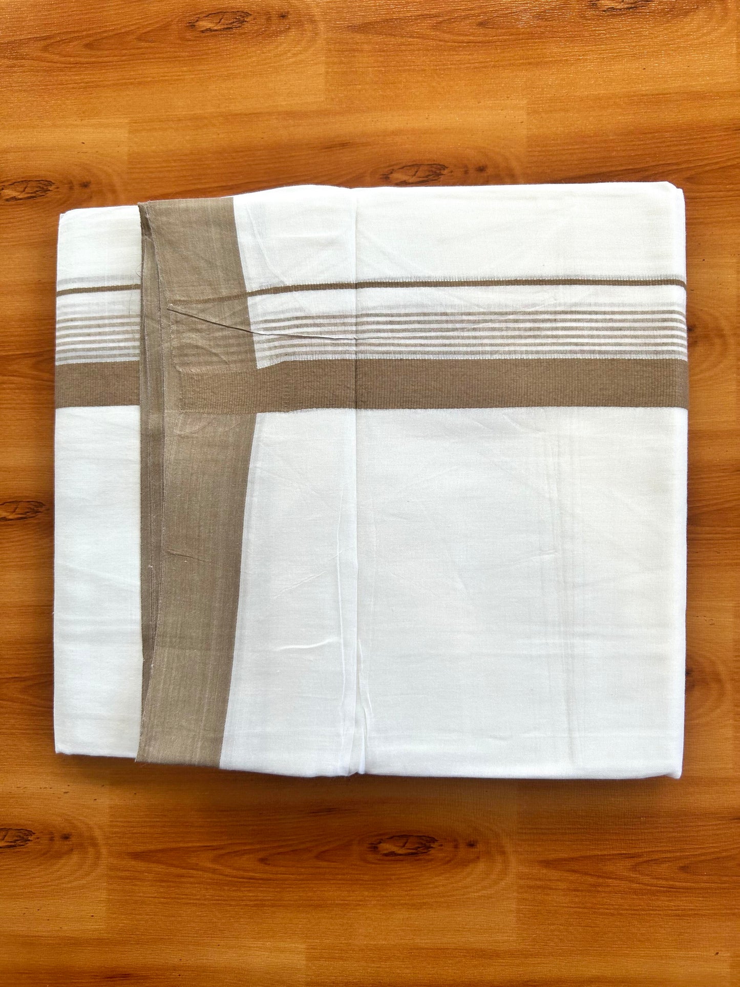 Pure White Double Mundu/Dhoti - 20% Discount ! Kaitharikada Balaramapuram 100% Cotton - 100x80 - 1.5 inch Brown Shaded Stripes Kara 3.80 mtr (8 muzham) - 102 KK5452 THI