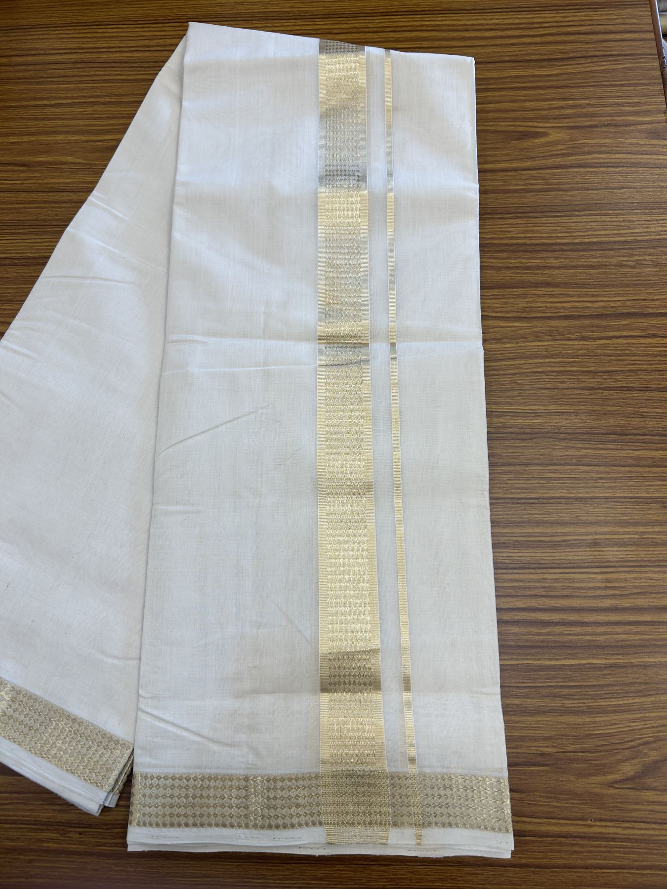 25% Discount ! KaithariKada Handloom Unakkupaav  Kerala Handloom - Pure Cotton Off White - (Unbleached) Double Mundu/Dhoti - (100X80) - 1.5 inch Gold & Silver Kasav Jacquard Design Kara - 4 mtr (8.5 Muzham)- 10 KK5342 ABH