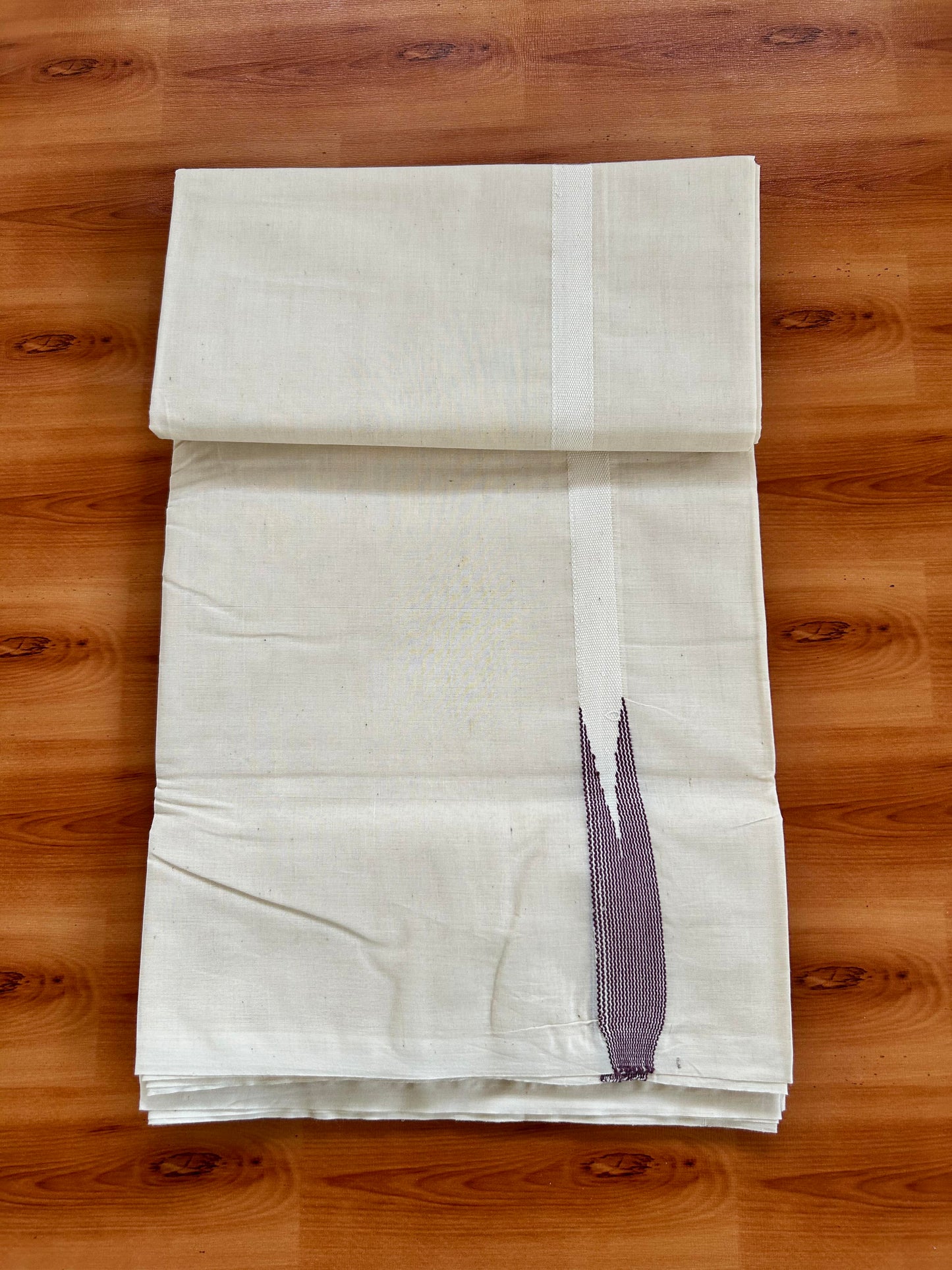 Double Off white Mundu/Dhoti - 23% Discount! KaithariKada Balaramapuram 100% Cotton - 100x100 - 0.5 inch Puliyilakkara Dusty Lavender Striped Chutty Kara - 4 mtr (8.5 muzham) - 22 KK5401 ASH