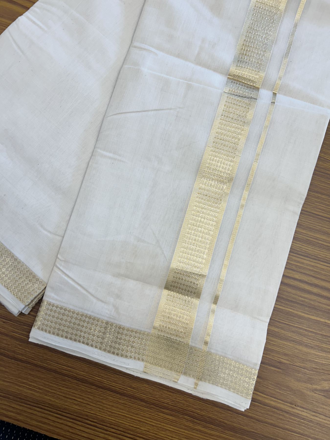 25% Discount ! KaithariKada Handloom Unakkupaav  Kerala Handloom - Pure Cotton Off White - (Unbleached) Double Mundu/Dhoti - (100X80) - 1.5 inch Gold & Silver Kasav Jacquard Design Kara - 4 mtr (8.5 Muzham)- 10 KK5342 ABH
