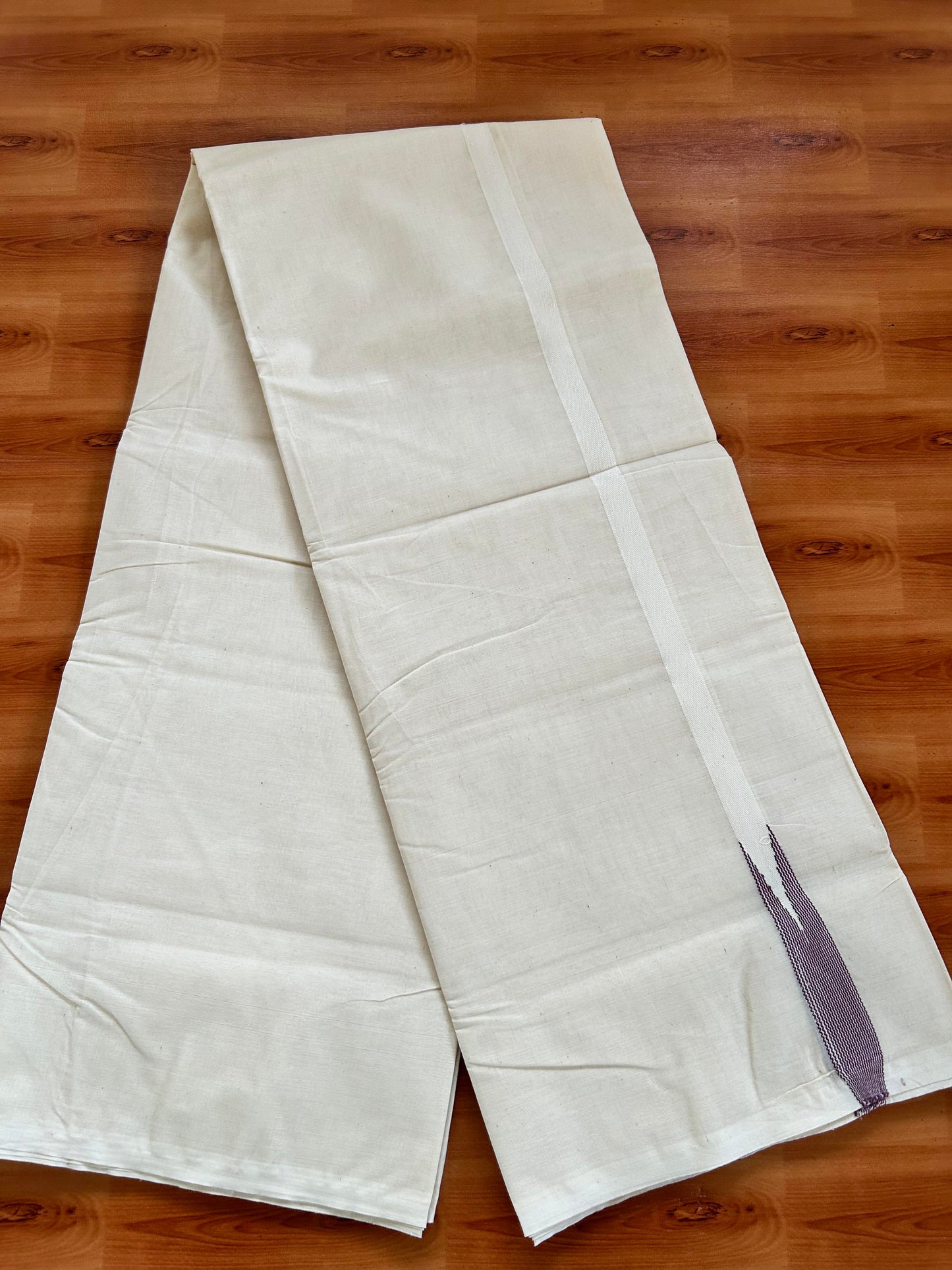 Double Off white Mundu/Dhoti - 23% Discount! KaithariKada Balaramapuram 100% Cotton - 100x100 - 0.5 inch Puliyilakkara Dusty Lavender Striped Chutty Kara - 4 mtr (8.5 muzham) - 22 KK5401 ASH