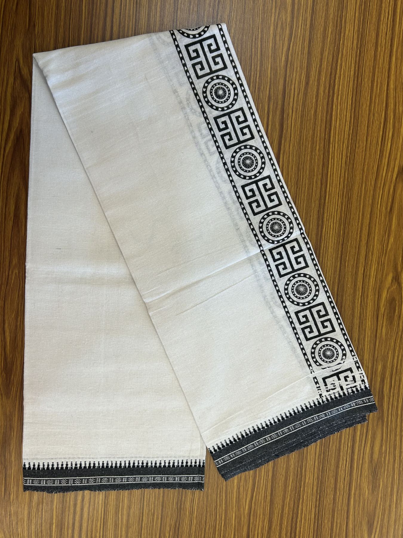 Kaitharikada - Polyster + Cotton - 40s twisted - Pure white Single Kaily / Lungi - 2.5 inch Black Printed Kuppadam Border with White colour body (2 meter / 4 muzham) -  2 KK8041 GAN
