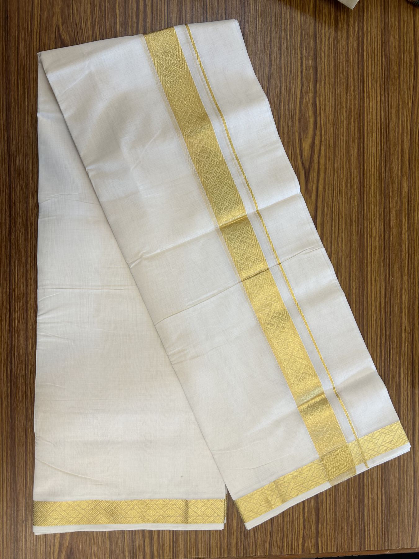 25% Discount ! KaithariKada Handloom Unakkupaav  Kerala Handloom - Pure Cotton Off White - (Unbleached) Double Mundu/Dhoti - (100X80) - 1.75 inch Gold Kasav Jacquard Design Kara - 4 mtr (8.5 Muzham)- 11 KK5342 ABH