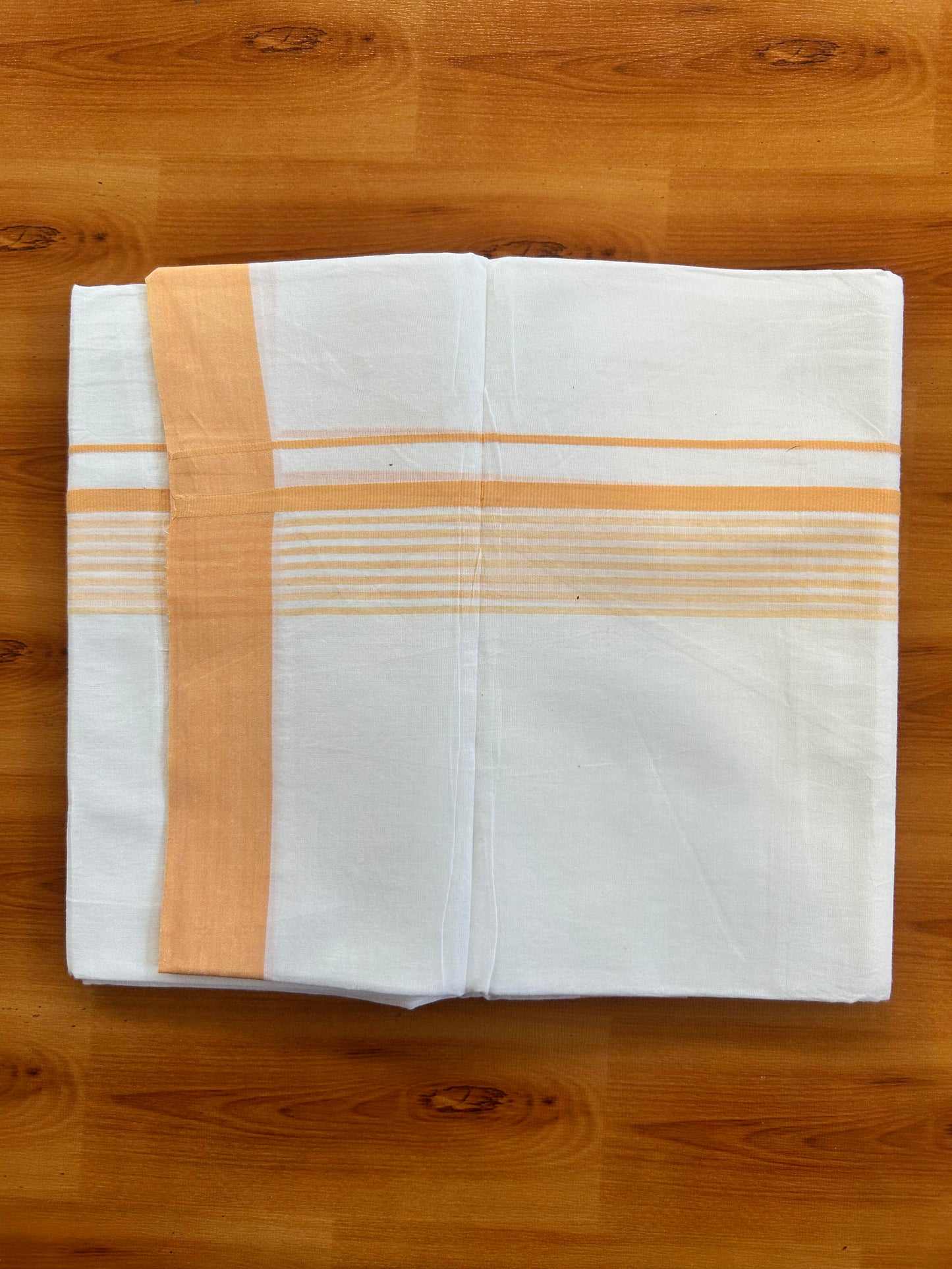 Pure White Double Mundu/Dhoti - 20% Discount ! Kaitharikada Balaramapuram 100% Cotton - 100x80 - 1.5 inch Peach Stripes Kara 3.80 mtr (8 muzham) - 99 KK5452 THI