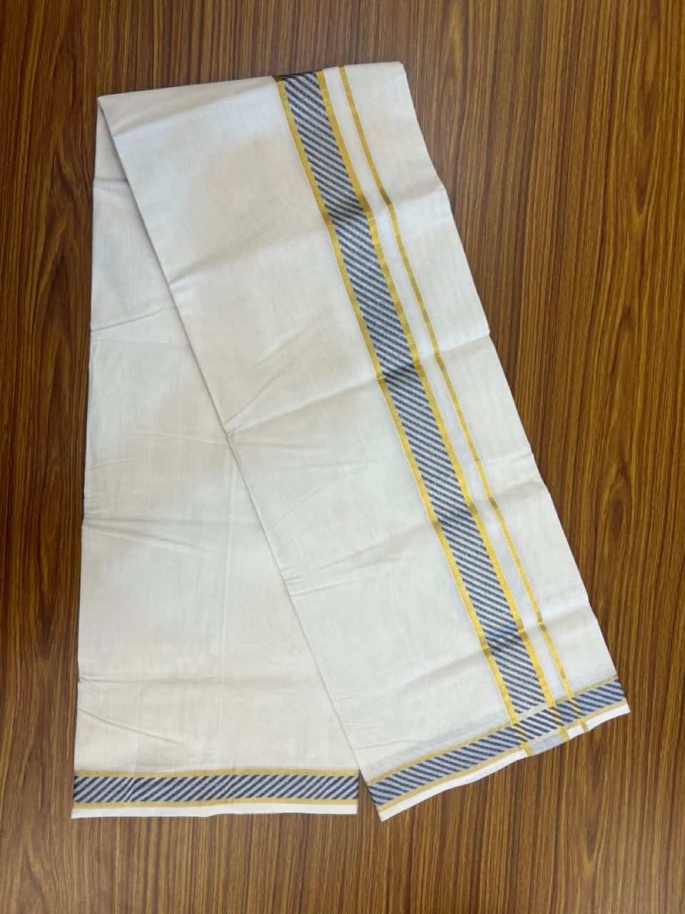 25% Discount ! Kaitharikada Handloom Unakkupaav Balaramapuram - 100% Pure Cotton Off White - (Unbleached) Double Mundu/Dhoti - 80x90 - 1.75 inch Gold Kasavu & Ash Blue Jacquard Design Kara 4 mtr (8.5 Muzham) -  3 KK5266 YAR