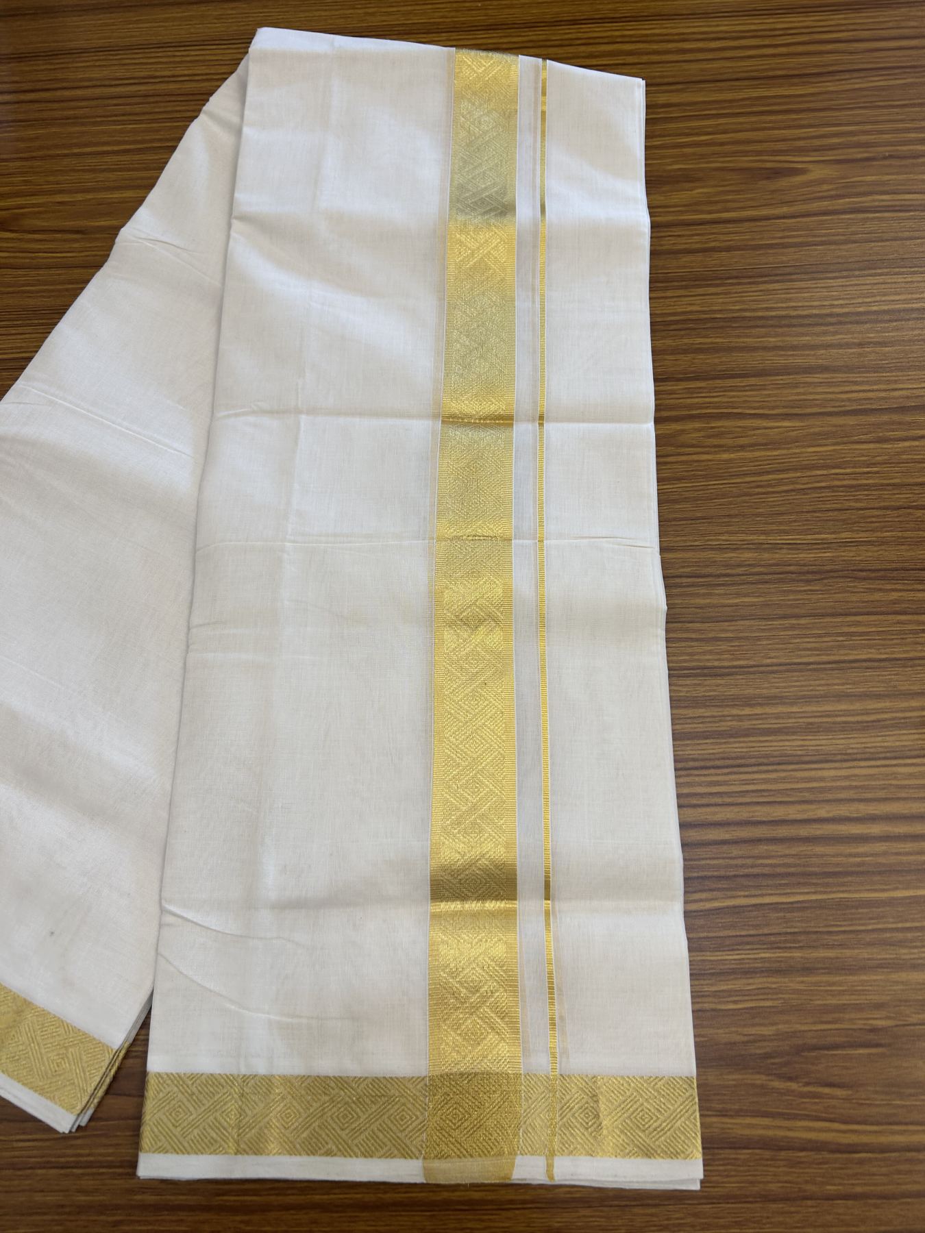 25% Discount ! KaithariKada Handloom Unakkupaav  Kerala Handloom - Pure Cotton Off White - (Unbleached) Double Mundu/Dhoti - (100X80) - 1.75 inch Gold Kasav Jacquard Design Kara - 4 mtr (8.5 Muzham)- 11 KK5342 ABH