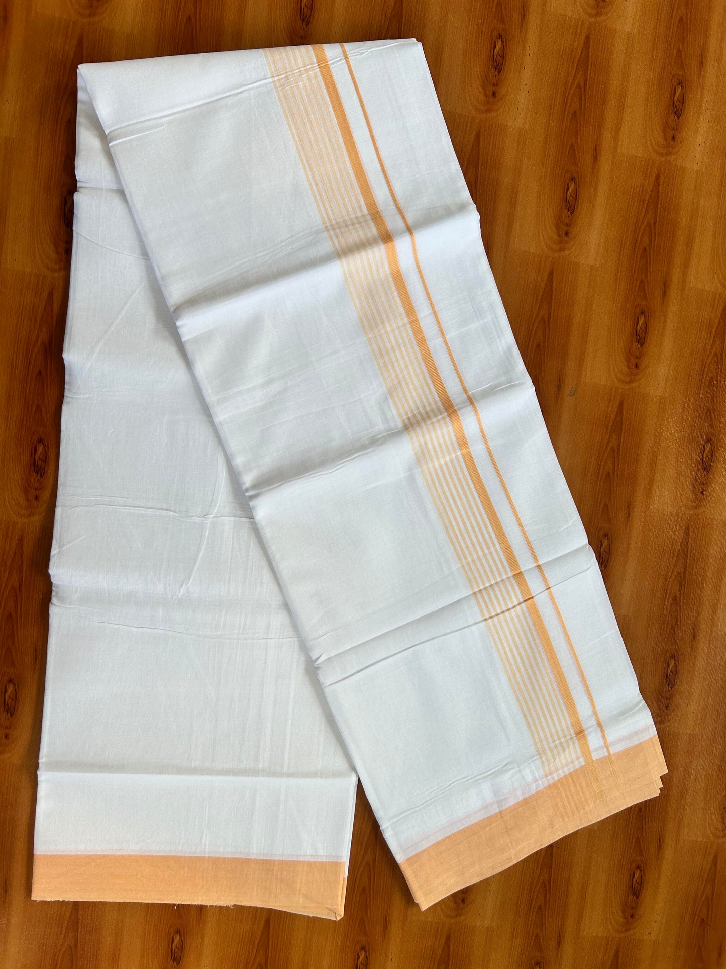 Pure White Double Mundu/Dhoti - 20% Discount ! Kaitharikada Balaramapuram 100% Cotton - 100x80 - 1.5 inch Peach Stripes Kara 3.80 mtr (8 muzham) - 99 KK5452 THI
