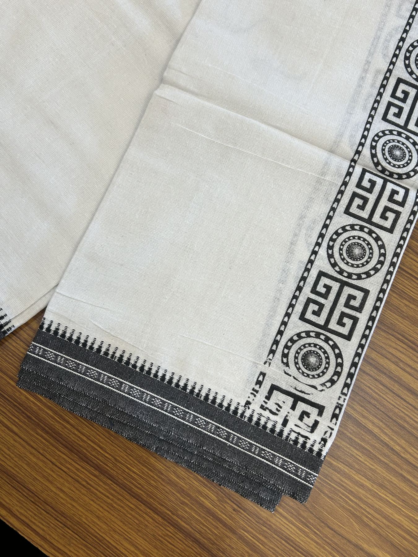 Kaitharikada - Polyster + Cotton - 40s twisted - Pure white Single Kaily / Lungi - 2.5 inch Black Printed Kuppadam Border with White colour body (2 meter / 4 muzham) -  2 KK8041 GAN