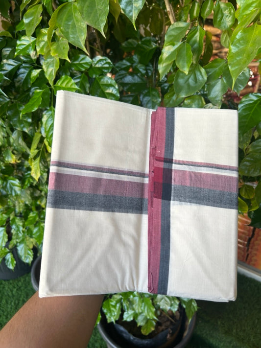 DMK Veshti - 20% DISCOUNT! KaithariKada 100% Cotton off white Double - (Unbleached) Mundu/Dhoti - 100X100 - 1.75 inch Black & Maroon shaded kara - 4 mtr (8.5 muzham)- 1KK5228 ASH
