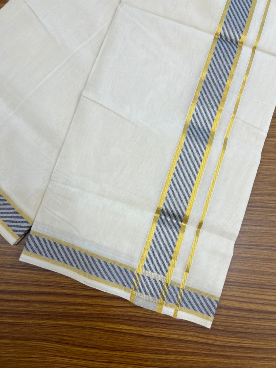 25% Discount ! Kaitharikada Handloom Unakkupaav Balaramapuram - 100% Pure Cotton Off White - (Unbleached) Double Mundu/Dhoti - 80x90 - 1.75 inch Gold Kasavu & Ash Blue Jacquard Design Kara 4 mtr (8.5 Muzham) -  3 KK5266 YAR