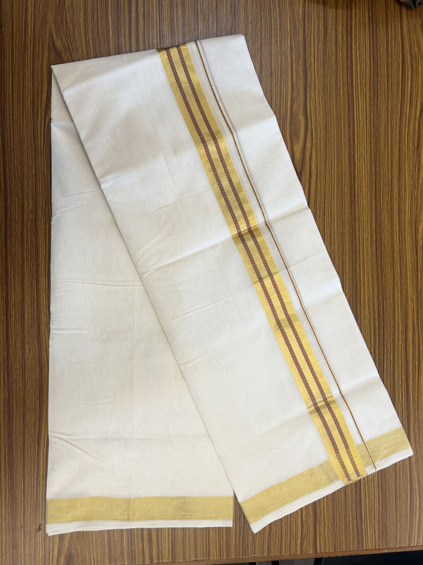 25% Discount ! KaithariKada Handloom Unakkupaav  Kerala Handloom - Pure Cotton Off White - (Unbleached) Double Mundu/Dhoti - (100X80) - 1.5 inch Gold Kasav & Maroon Jacquard Design Kara - 4 mtr (8.5 Muzham)- 14 KK5342 ABH