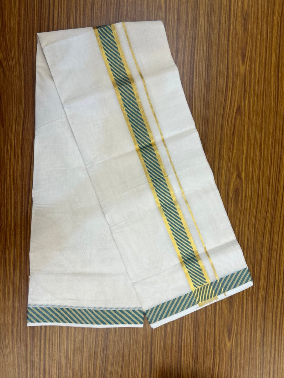 25% Discount ! Kaitharikada Handloom Unakkupaav Balaramapuram - 100% Pure Cotton Off White - (Unbleached) Double Mundu/Dhoti - 80x90 - 1.75 inch Gold Kasav & Blue Green Jacquard Design Kara 4 mtr (8.5 Muzham) -  2 KK5266 YAR