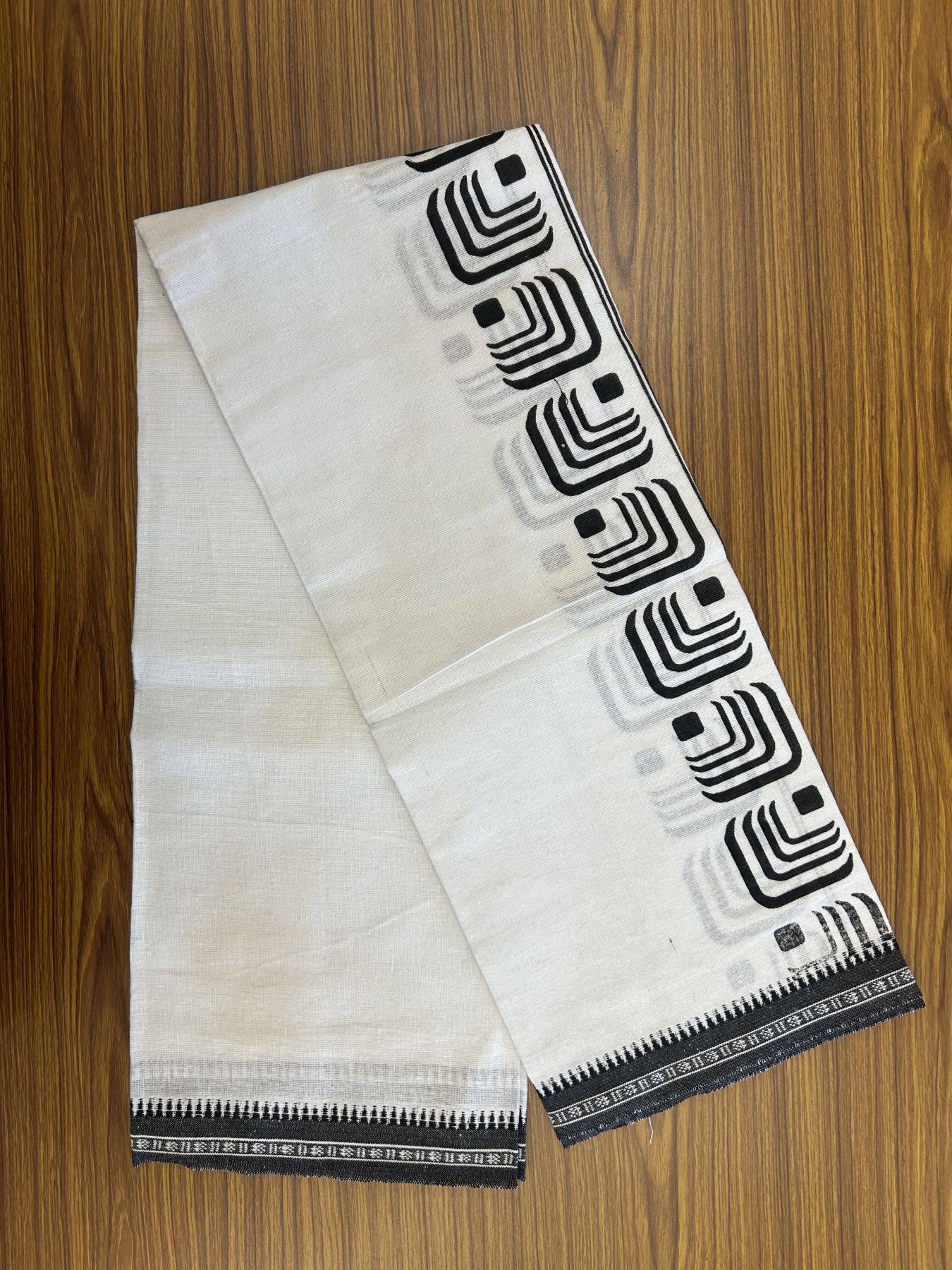 Kaitharikada - Polyster + Cotton - 40s twisted - Pure white Single Kaily / Lungi - 3 inch Black Printed Kuppadam Border with White colour body (2 meter / 4 muzham) -  3 KK8041 GAN